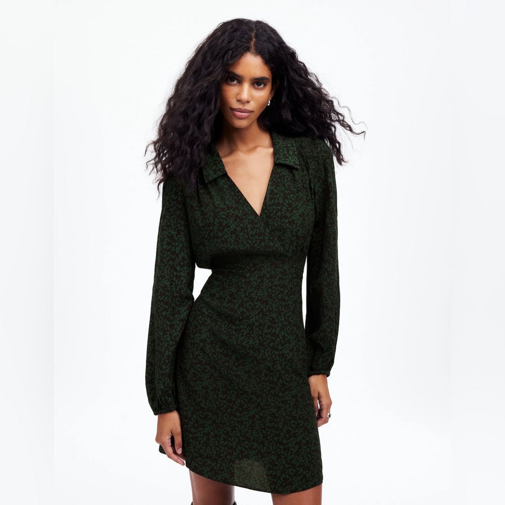 NWT Madewell Long-Sleeve Mini Shirtdress in Black and Green Floral